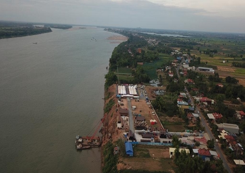 This aerial photo taken on Jan. 1, 2023 shows the construction site of a China-funded bridge in Kratie province, Cambodia