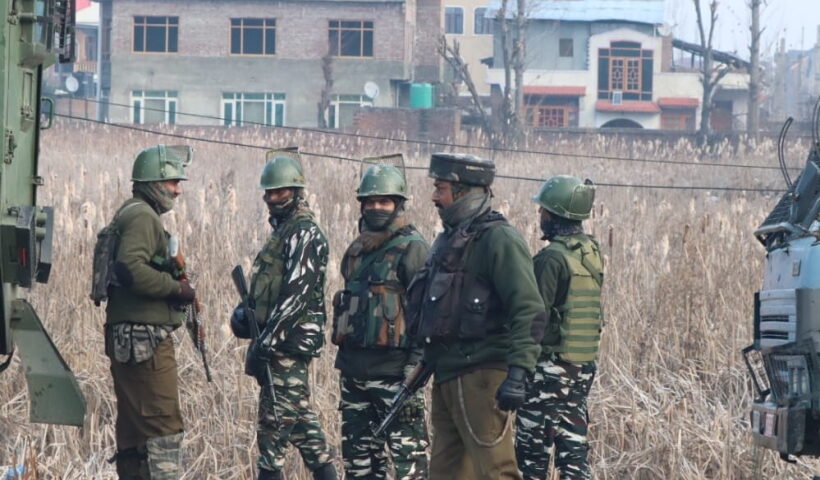 Srinagar: Security personnel during a cordon and search operation after three terrorists were killed in an encounter between the terrorists and the security forces in the Lawaypora area in Srinagar outskirts