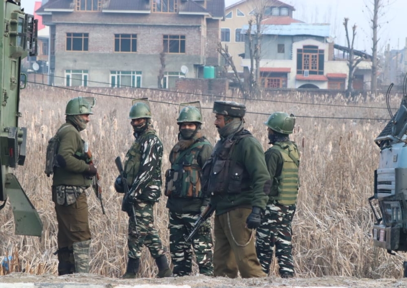 Srinagar: Security personnel during a cordon and search operation after three terrorists were killed in an encounter between the terrorists and the security forces in the Lawaypora area in Srinagar outskirts
