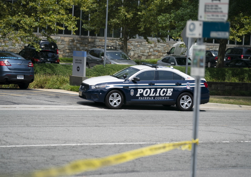 A police car is seen at USA Today's headquarters in McLean, Virginia, the United States, on Aug. 7, 2019. USA Today's headquarters in McLean, Virginia was evacuated Wednesday following a probably mistaken police alert of a man with a weapon at the building in suburban Washington D.C