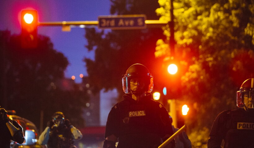 MINNEAPOLIS (U.S.), May 31, 2020 (Xinhua) -- A riot police officer stands in formation in Minneapolis, the United States, on May 30, 2020. Minnesota Governor Tim Walz on Saturday activated "full mobilization" of the Minnesota National Guard after four straight nights of violent protests in the midwest state's biggest city Minneapolis over the death of George Floyd,