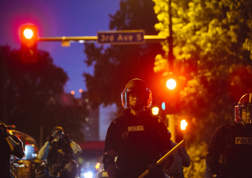 MINNEAPOLIS (U.S.), May 31, 2020 (Xinhua) -- A riot police officer stands in formation in Minneapolis, the United States, on May 30, 2020. Minnesota Governor Tim Walz on Saturday activated "full mobilization" of the Minnesota National Guard after four straight nights of violent protests in the midwest state's biggest city Minneapolis over the death of George Floyd,