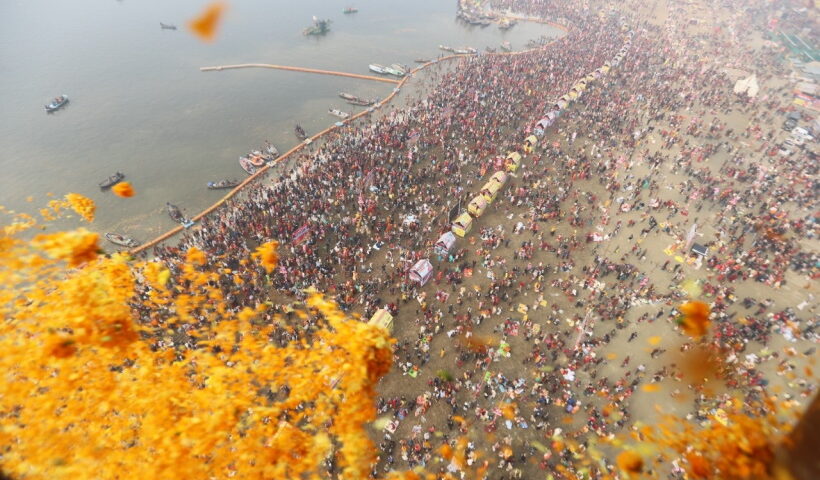 Flowers showered by helicopter on devotees on Mauni Amavasya Snan festival at Magh Mela in Prayagraj.