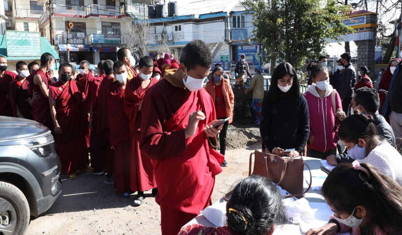 Dharamsala:Young tibetan monks stand in queue to register their name for COVID-19 vaccine outside the main Dalai Lama Temple in Dharamsala