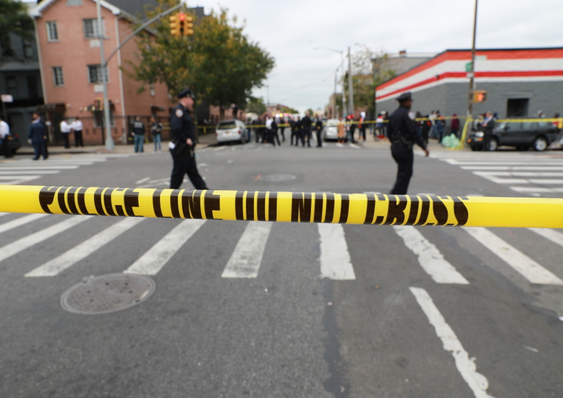 NEW YORK, Oct. 12, 2019 (Xinhua) -- Police cordon off a street near the scene of a shooting in New York, the United States, on Oct. 12, 2019. Four people were killed and three others injured in a shooting in New York's Brooklyn borough on early Saturday