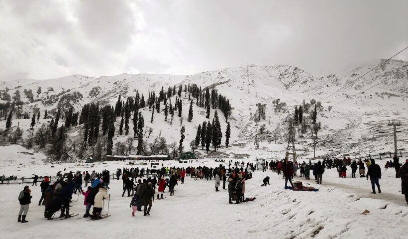 Gulmarg: Tourists enjoy at Gulmarg as the area receives fresh snowfall,