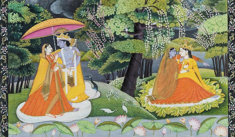 Dhani Ram, Radha Krishna in Rain, natural pigment on paper.