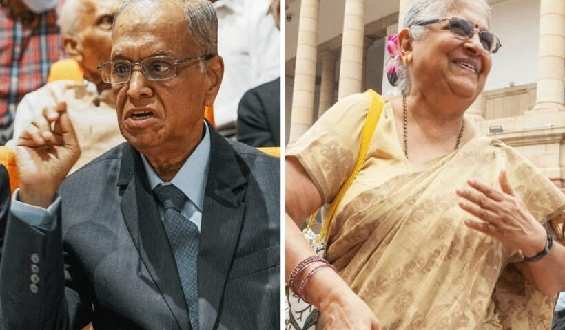 इंफोसिस के संस्थापक नारायण मूर्ति और उनकी पत्नी,मशहूर लेखिका सुधा मूर्ति (तस्वीर क्रेडिट@ttindia)