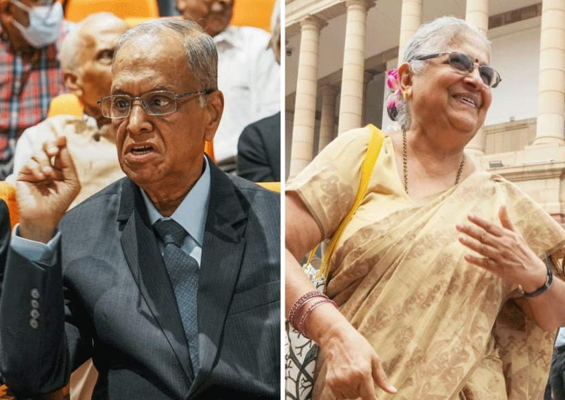 इंफोसिस के संस्थापक नारायण मूर्ति और उनकी पत्नी,मशहूर लेखिका सुधा मूर्ति (तस्वीर क्रेडिट@ttindia)