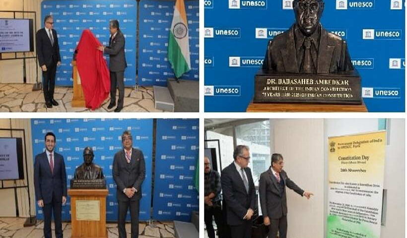 पेरिस में यूनेस्को मुख्यालय पर डॉ.भीमराव आंबेडकर की प्रतिमा का अनावरण (तस्वीर क्रेडिट@vkjatav84)