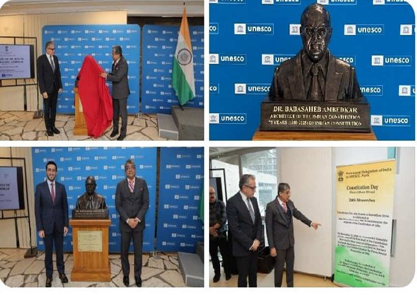 पेरिस में यूनेस्को मुख्यालय पर डॉ.भीमराव आंबेडकर की प्रतिमा का अनावरण (तस्वीर क्रेडिट@vkjatav84)