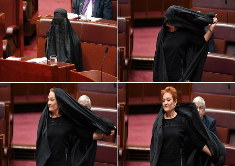ऑस्ट्रेलियाई संसद में बुर्का पहनकर पहुँची पॉलीन हैनसन (तस्वीर क्रेडिट@batshit_auspol)