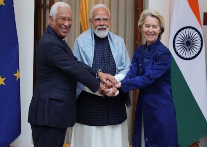 यूरोपीय आयोग की अध्यक्ष उर्सुला वॉन डेर लेयेन,यूरोपीय परिषद के अध्यक्ष एंटोनियो कोस्टा और प्रधानमंत्री नरेंद्र मोदी (तस्वीर क्रेडिट@maveinlux)