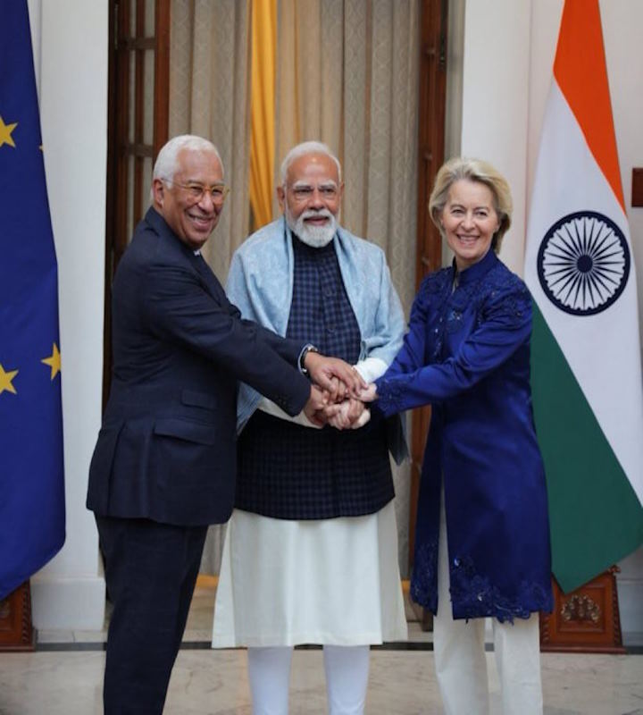 यूरोपीय आयोग की अध्यक्ष उर्सुला वॉन डेर लेयेन,यूरोपीय परिषद के अध्यक्ष एंटोनियो कोस्टा और प्रधानमंत्री नरेंद्र मोदी (तस्वीर क्रेडिट@maveinlux)