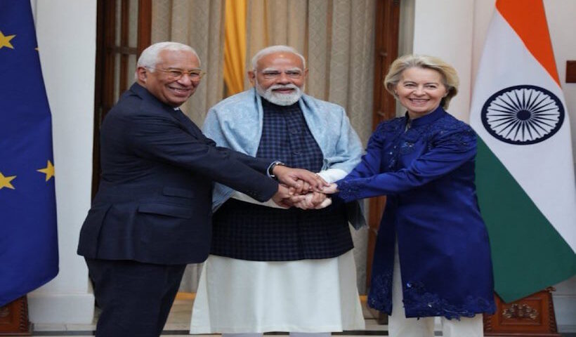 यूरोपीय आयोग की अध्यक्ष उर्सुला वॉन डेर लेयेन,यूरोपीय परिषद के अध्यक्ष एंटोनियो कोस्टा और प्रधानमंत्री नरेंद्र मोदी (तस्वीर क्रेडिट@maveinlux)