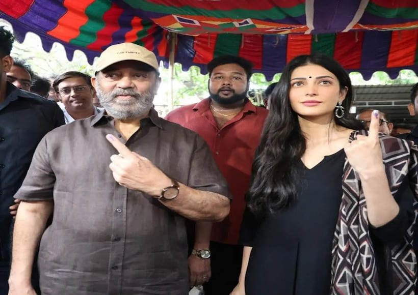 श्रुति हासन अपने पिता कमल हासन संग मतदान करने पहुँची (तस्वीर क्रेडिट@businessline)