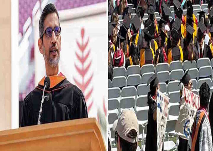 स्टैनफोर्ड में सुंदर पिचाई के भाषण के दौरान छात्रों का वॉकआउट (तस्वीर क्रेडिट@DeccanHerald)