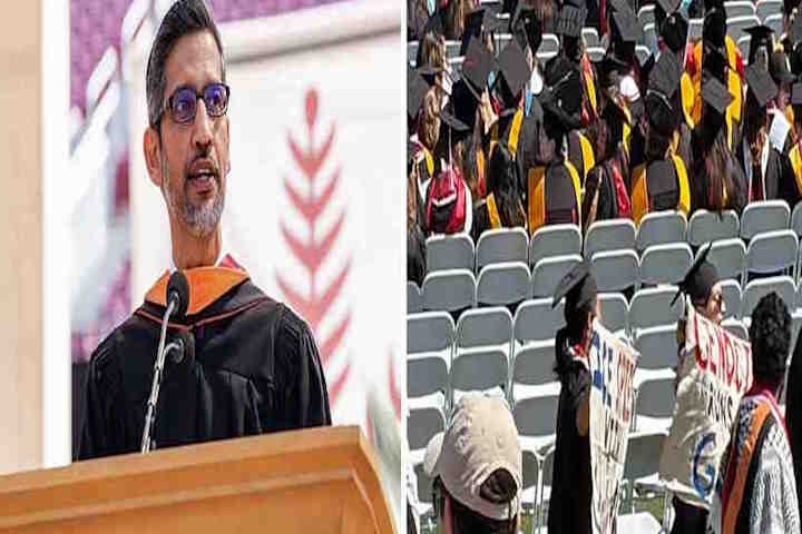 स्टैनफोर्ड में सुंदर पिचाई के भाषण के दौरान छात्रों का वॉकआउट (तस्वीर क्रेडिट@DeccanHerald)