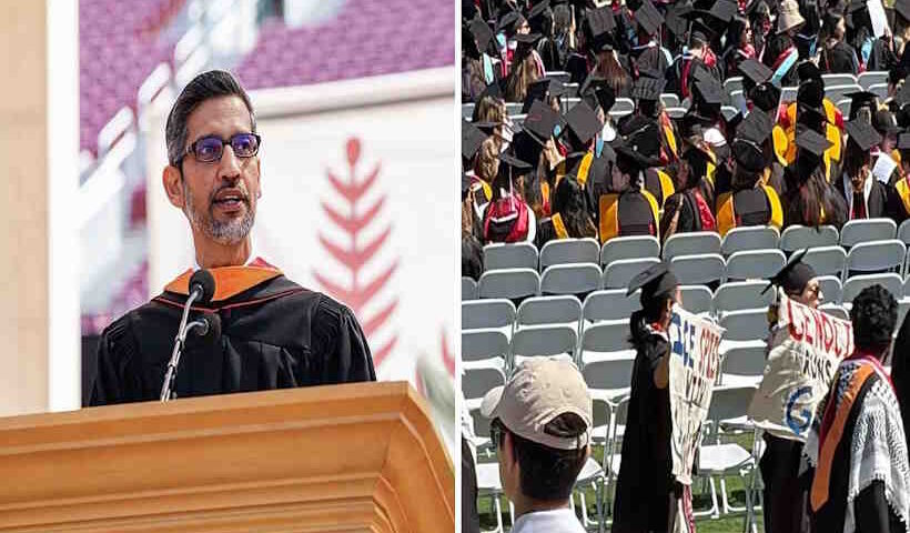 स्टैनफोर्ड में सुंदर पिचाई के भाषण के दौरान छात्रों का वॉकआउट (तस्वीर क्रेडिट@DeccanHerald)