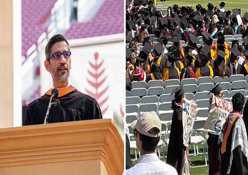 स्टैनफोर्ड में सुंदर पिचाई के भाषण के दौरान छात्रों का वॉकआउट (तस्वीर क्रेडिट@DeccanHerald)