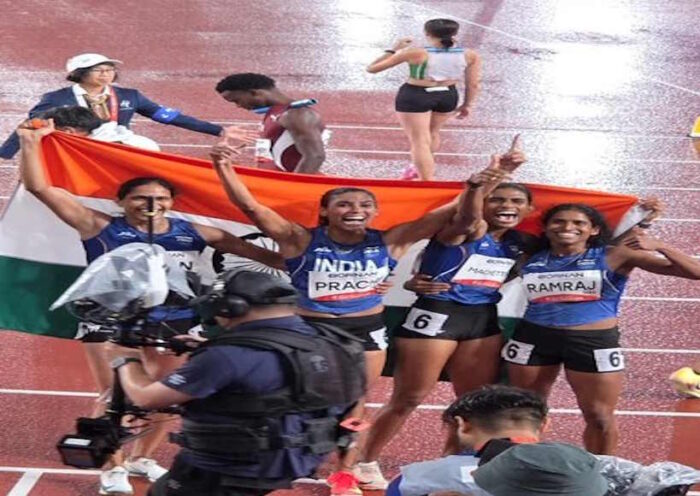 एशियन गेम्स 2026 में भारत की बेटियों ने 4x400 मीटर रिले में जीता 'गोल्ड' (तस्वीर क्रेडिट@RavivarDelhi)