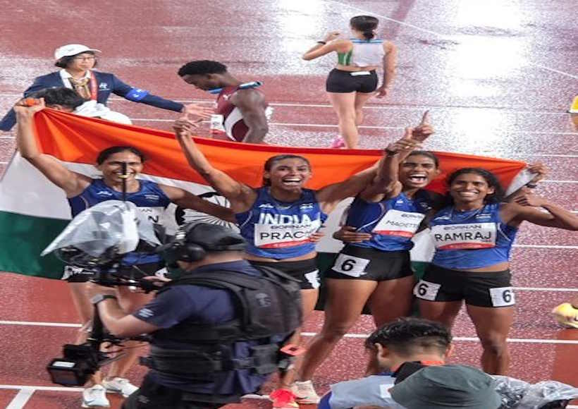 एशियन गेम्स 2026 में भारत की बेटियों ने 4x400 मीटर रिले में जीता 'गोल्ड' (तस्वीर क्रेडिट@RavivarDelhi)