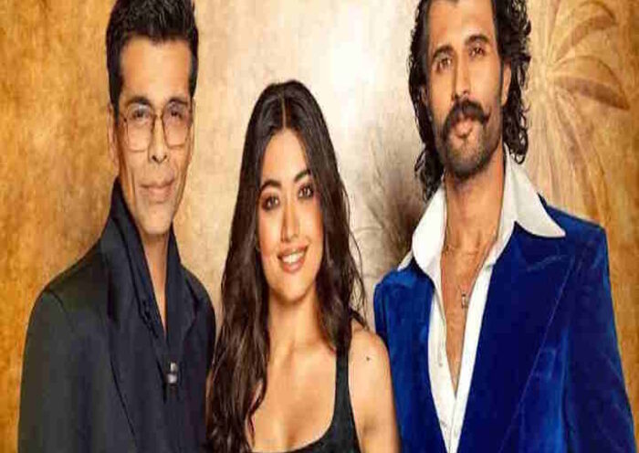 करण जौहर,रश्मिका मंदाना और विजय देवरकोंडा (तस्वीर क्रेडिट@tv13gujarati)