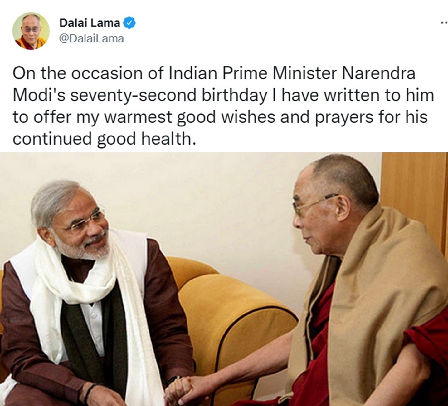 Dalai Lama extends b'day greetings to PM Modi