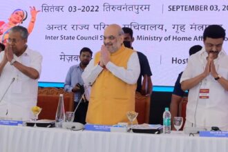 Pinarayi Vijayan Chief minister of Kerala,Union home Minister Amit Shah,MK Stalin chief minister of Tamilnadu at the Southern Zonal Council meeting in Thiruvananthapuram on 3 August 2022
