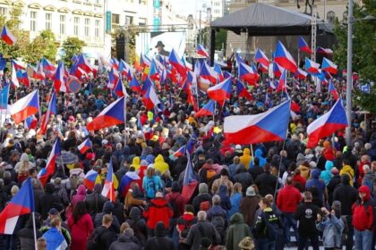 People take part in a demonstration at Wenceslas Square in Prague, the Czech Republic, on Sept. 28, 2022