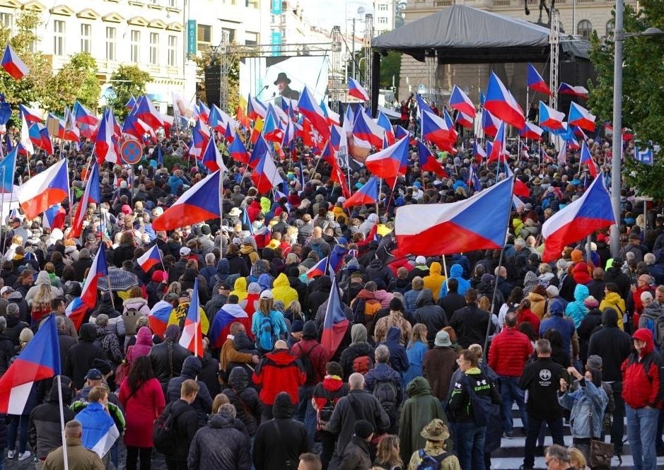 People take part in a demonstration at Wenceslas Square in Prague, the Czech Republic, on Sept. 28, 2022
