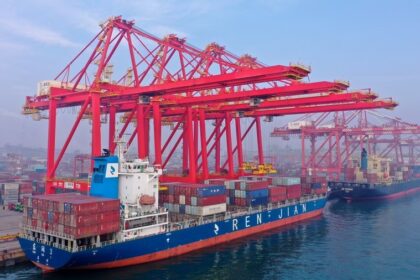 Cargo ships docking at the Rizhao Port in Rizhao