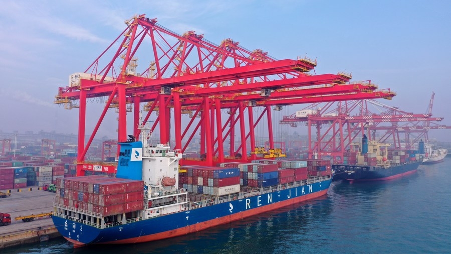 Cargo ships docking at the Rizhao Port in Rizhao