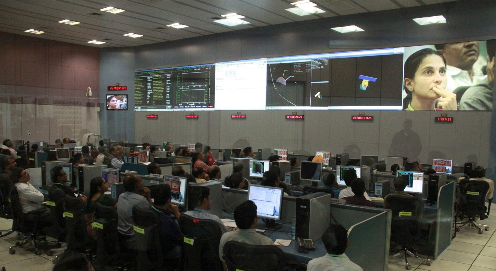 ISRO scientist monitor Mars Orbiter (Mangalyan) at ISRO Headquarters, in Bangalore on September 24, 2014