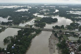 Aerial view of flood-affected areas of Assam