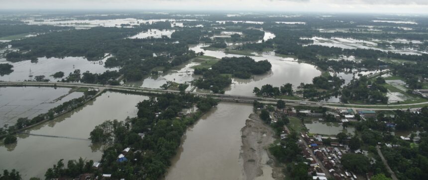 Aerial view of flood-affected areas of Assam
