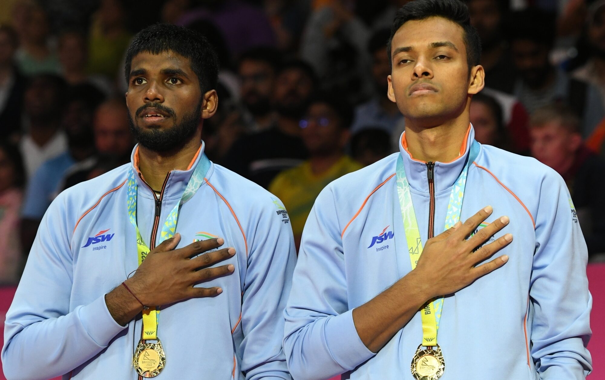Gold Medalist Satwiksairaj Rankireddy and Chirag Shetty during medal ceremony