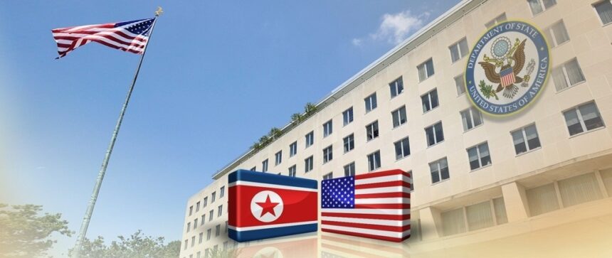 The flags of the United States (R) and North Korea