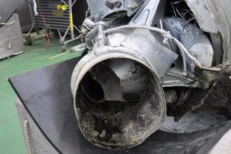 The retrieved debris of a missile that North Korea flew across its de facto maritime border with South Korea