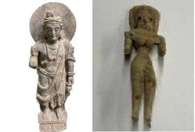 A Gandharan statute depicting a Maitreya form of the Buddha, left, and a terracotta figure of mother goddess
