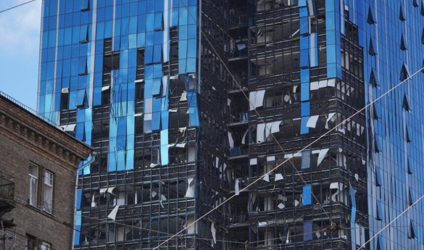 A damaged building is seen after explosions in Kiev