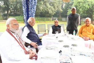 PM Modi, Defence Minister Rajnath Singh with Lal Krishna Advani