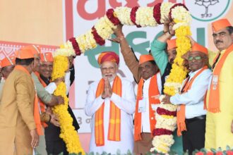 Prime Minister Narendra Modi addresses BJP's 'Vijay Sankalp Rally' in Mehsana town on Wednesday