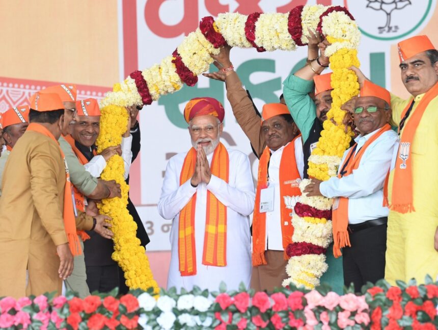 Prime Minister Narendra Modi addresses BJP's 'Vijay Sankalp Rally' in Mehsana town on Wednesday