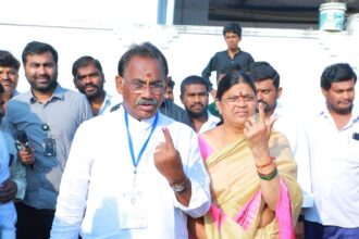 TRS candidate Kusukuntla Prabhakar Reddy, BJP candidate Komatireddy Raj Gopal Reddy and Congress candidate Palvai Sravanthi