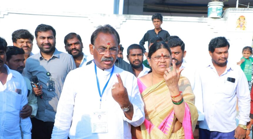 TRS candidate Kusukuntla Prabhakar Reddy, BJP candidate Komatireddy Raj Gopal Reddy and Congress candidate Palvai Sravanthi