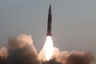 TV news footage on North Korea's firing of a long-range ballistic missile and two short-range ones
