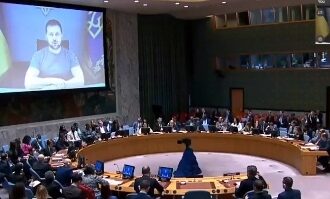 Ukraine President Volodymyr Zelsnky address UNSC
