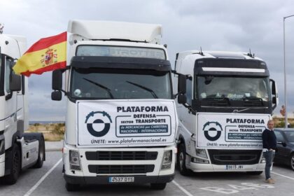 Trucks are seen during a protest in Madrid