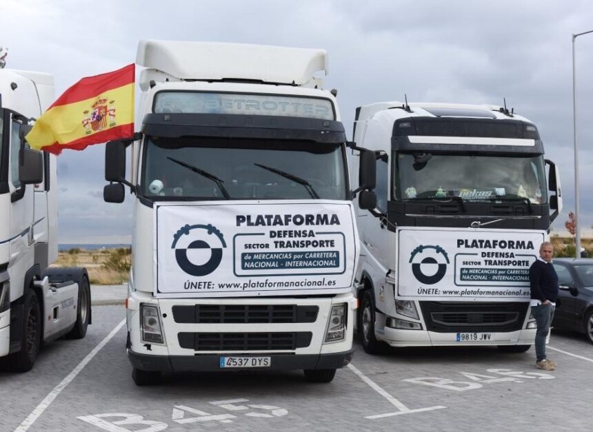 Trucks are seen during a protest in Madrid